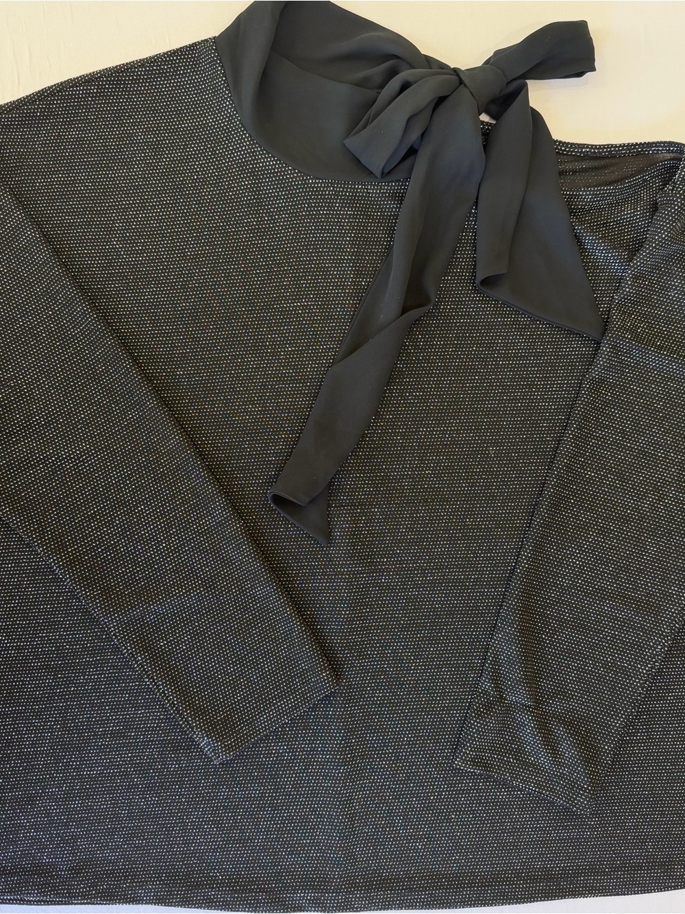 New York & Company XL Black Silver Metallic Bow Tie Neck Blouse